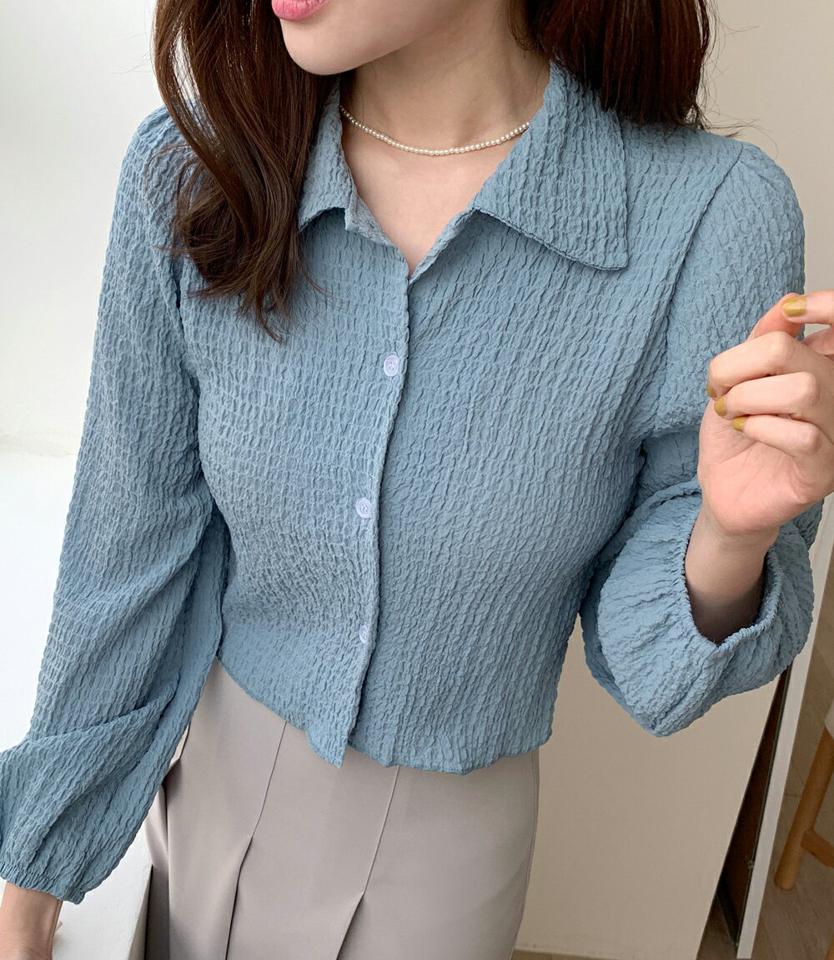 リンクルクロップドシャツ・全6色・t66215 レディース 【bl】韓国ファッション トップス シャツ 長袖 カラーネック リンクル クロップド丈 ボタン シンプル カジュアル フェミニン 体型カバー ガーリー 春 秋 冬