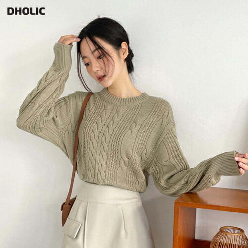 ラウンドケーブルニット・全5色・t00130 レディース 【tops】韓国ファッション トップス ニット 大人 長袖 ラウンドネック ケーブル編み ルーズ ツイスト 異素材 シンプル 体型カバー フェミニン カジュアル デイリー 秋 冬