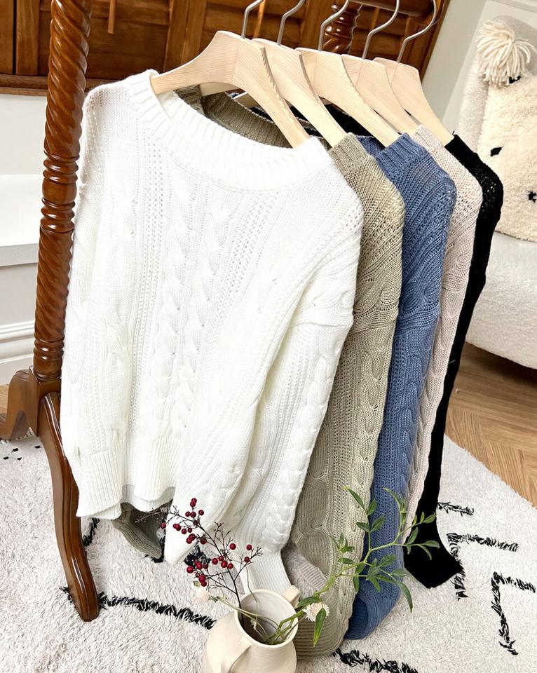 ラウンドケーブルニット・全5色・t00130 レディース 【tops】韓国ファッション トップス ニット 大人 長袖 ラウンドネック ケーブル編み ルーズ ツイスト 異素材 シンプル 体型カバー フェミニン カジュアル デイリー 秋 冬