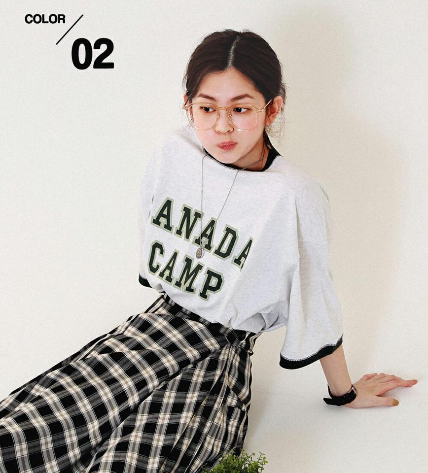 配色ラインレタリング半袖Tシャツ・全2色・a71654 レディース 【tops】韓国ファッション トップス Tシャツ 大人 半袖 ラウンドネック 配色 レタリング 英字 ロゴ ルーズ 体型カバー 細身 フェミニン カジュアル デイリー 秋 冬