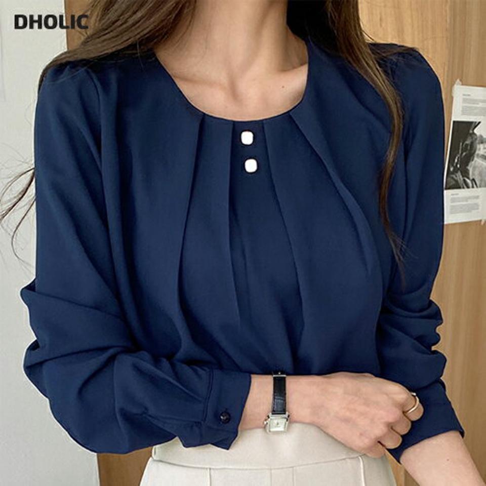 スクエアボタンタックブラウス・全4色・b65402 レディース 【bl】韓国ファッション トップス ブラウス 長袖 ラウンドネック ボタン タック 無地 シンプル カジュアル フェミニン ガーリー デイリー 春 秋 冬