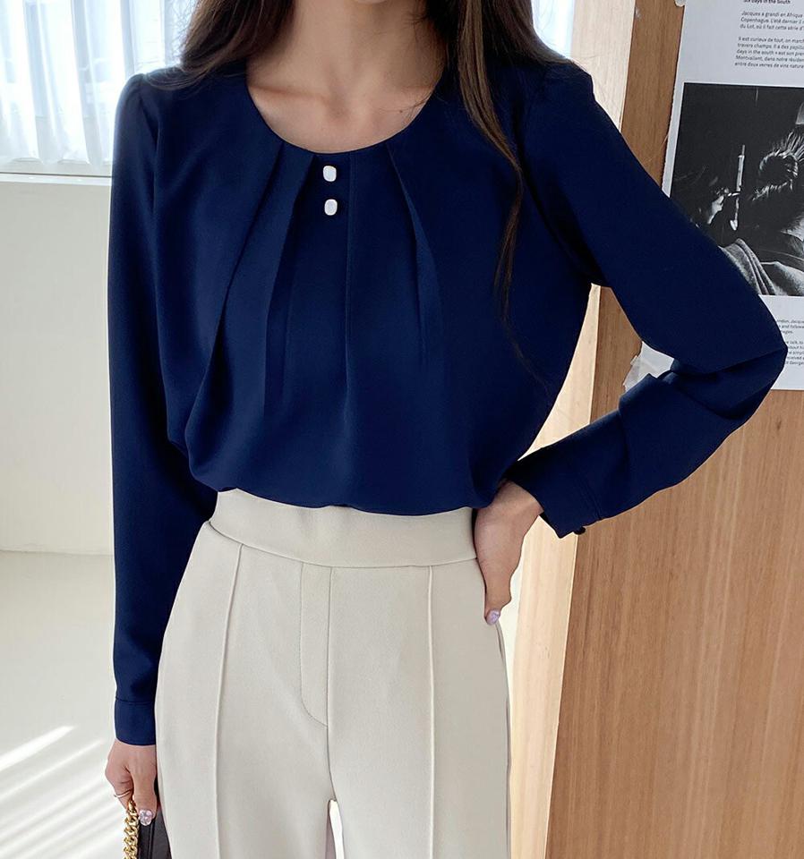スクエアボタンタックブラウス・全4色・b65402 レディース 【bl】韓国ファッション トップス ブラウス 長袖 ラウンドネック ボタン タック 無地 シンプル カジュアル フェミニン ガーリー デイリー 春 秋 冬