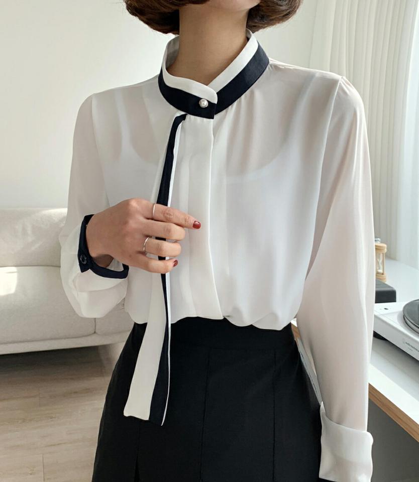 【マラソン特価】配色タイブラウス・全3色・t66213 レディース 【bl】韓国ファッション トップス ブラウス 長袖 スタンドカラー ボウタイ メリハリ 配色 パール調 ボタン リボン ギャザー シンプル ピンク カジュアル フェミニン ガーリー 春 秋 冬 セール