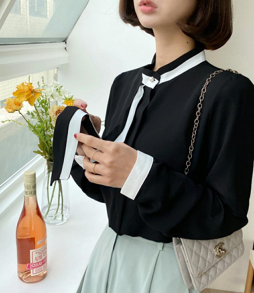 【マラソン特価】配色タイブラウス・全3色・t66213 レディース 【bl】韓国ファッション トップス ブラウス 長袖 スタンドカラー ボウタイ メリハリ 配色 パール調 ボタン リボン ギャザー シンプル ピンク カジュアル フェミニン ガーリー 春 秋 冬 セール