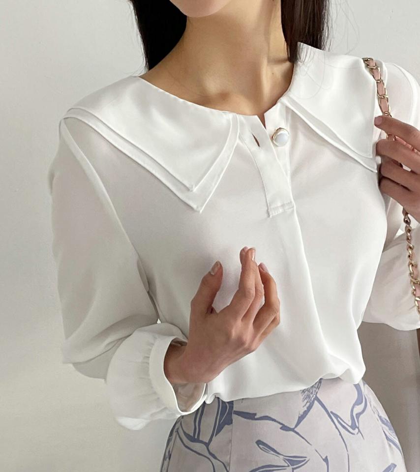 ダブルセーラーカラーブラウス・全2色・t00135 レディース 【bl】韓国ファッション トップス ブラウス 長袖 カラーネック ダブルセーラー 襟コンシャス ギャザー ワイド 無地 シンプル カジュアル フェミニン ガーリー 春 秋 冬