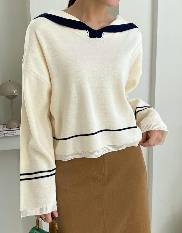 配色セーラーカラーニット・全3色・t71699 レディース 【tops】トップス ニット 長袖 セーラーカラー 襟コン カジュアル Vネック ドロップショルダー 春 秋 冬 韓国ファッション ハイホリHIHOLLI