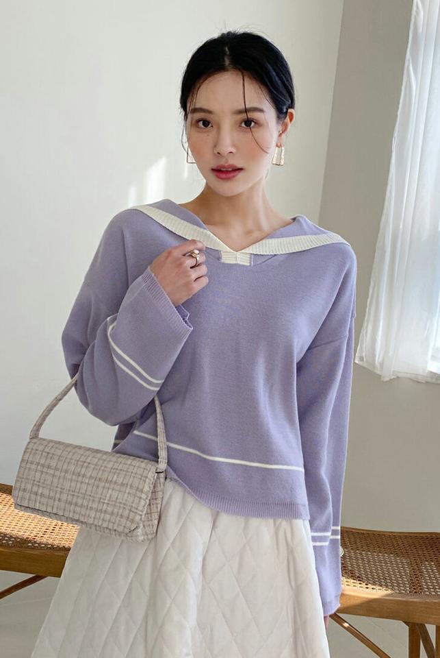 配色セーラーカラーニット・全3色・t71699 レディース 【tops】トップス ニット 長袖 セーラーカラー 襟コン カジュアル Vネック ドロップショルダー 春 秋 冬 韓国ファッション ハイホリHIHOLLI