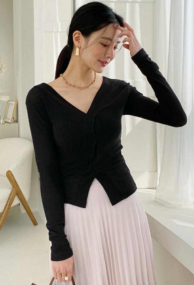 2WAYリブツイストTシャツ・全2色・t71733 レディース 【tops】トップス Tシャツ 長袖 リブ ツイスト 単色 シンプル 前後着用自由 春 秋 冬￥ 韓国ファッション ハイホリHIHOLLI