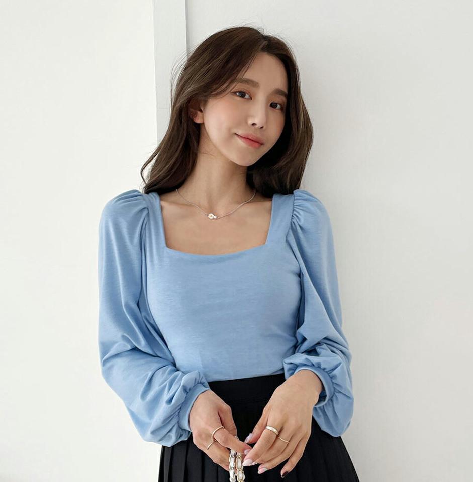 スクエアネックパフTシャツ・全4色・t65398 レディース 【tops】韓国ファッション トップス Tシャツ 大人 長袖 スクエアネック パフスリーブ スリム クロップド丈 無地 シンプル 体型カバー 細身 フェミニン カジュアル デイリー 秋 冬