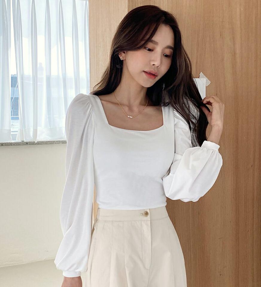 スクエアネックパフTシャツ・全4色・t65398 レディース 【tops】韓国ファッション トップス Tシャツ 大人 長袖 スクエアネック パフスリーブ スリム クロップド丈 無地 シンプル 体型カバー 細身 フェミニン カジュアル デイリー 秋 冬