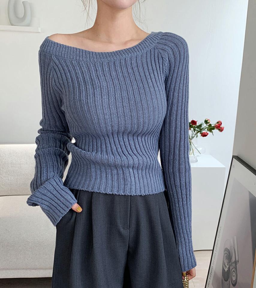 2WAYリブニット・全6色・t66219 レディース 【tops】韓国ファッション トップス ニット 大人 長袖 オフショル クロップド丈 ラグラン 無地 シンプル フェミニン カジュアル デイリー 秋 冬