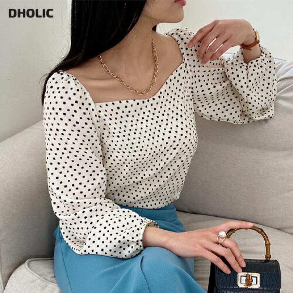 ドットスクエアブラウス・全3色・t71775 レディース 【bl】トップス ブラウス 長袖 ドット柄 スクエアネック ガーリー かわいい 可愛い 大人 デコルテ 鎖骨 ラグランスリーブ ギャザー パフ袖 パフスリーブ 春 秋 冬 韓国ファッション ハイホリHIHOLLI