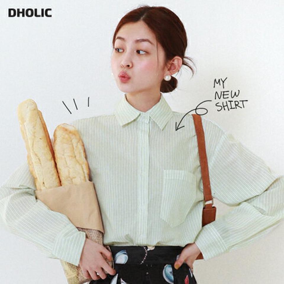ストライプカラーシャツ・全4色・t71669 レディース 【bl】韓国ファッション トップス シャツ 長袖 カラーネック ストライプ カフス ボタン シンプル ルーズ カジュアル フェミニン ガーリー 春 秋 冬