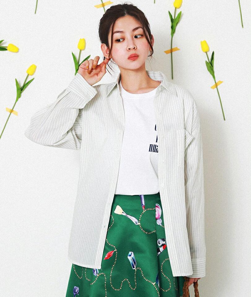 ストライプカラーシャツ・全4色・t71669 レディース 【bl】韓国ファッション トップス シャツ 長袖 カラーネック ストライプ カフス ボタン シンプル ルーズ カジュアル フェミニン ガーリー 春 秋 冬