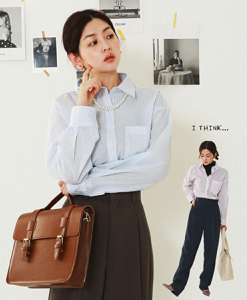 ストライプカラーシャツ・全4色・t71669 レディース 【bl】韓国ファッション トップス シャツ 長袖 カラーネック ストライプ カフス ボタン シンプル ルーズ カジュアル フェミニン ガーリー 春 秋 冬