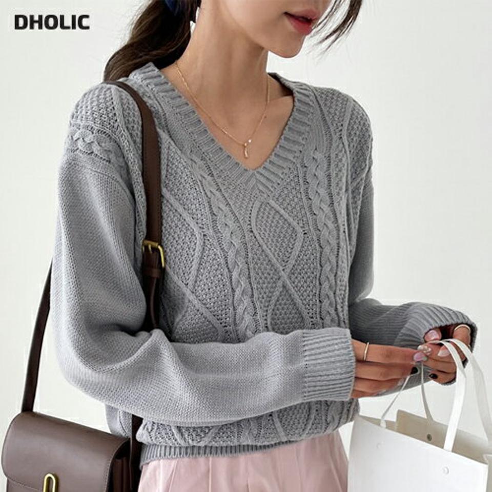 Vネックケーブルニット・全5色・t65404 レディース 【tops】韓国ファッション トップス ニット 大人 長袖 Vネック ケーブル編み ツイスト ルーズ 異素材 シンプル 体型カバー フェミニン カジュアル デイリー 秋 冬