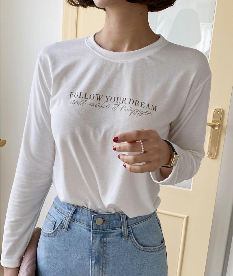 レタリングTシャツ・全4色・t66212 レディース 【tops】韓国ファッション トップス Tシャツ 大人 長袖 ラウンドネック レタリング 英字 ロゴ スリム シンプル 細身 フェミニン カジュアル デイリー 秋 冬