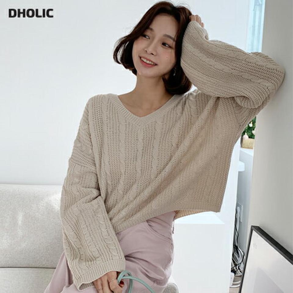 2WAYケーブルクロップドニット・全5色・t66218 レディース 【tops】韓国ファッション トップス ニット 大人 長袖 Vネック ラウンドネック ケーブル編み クロップ丈 ルーズ 無地 シンプル 体型カバー フェミニン カジュアル デイリー 秋 冬