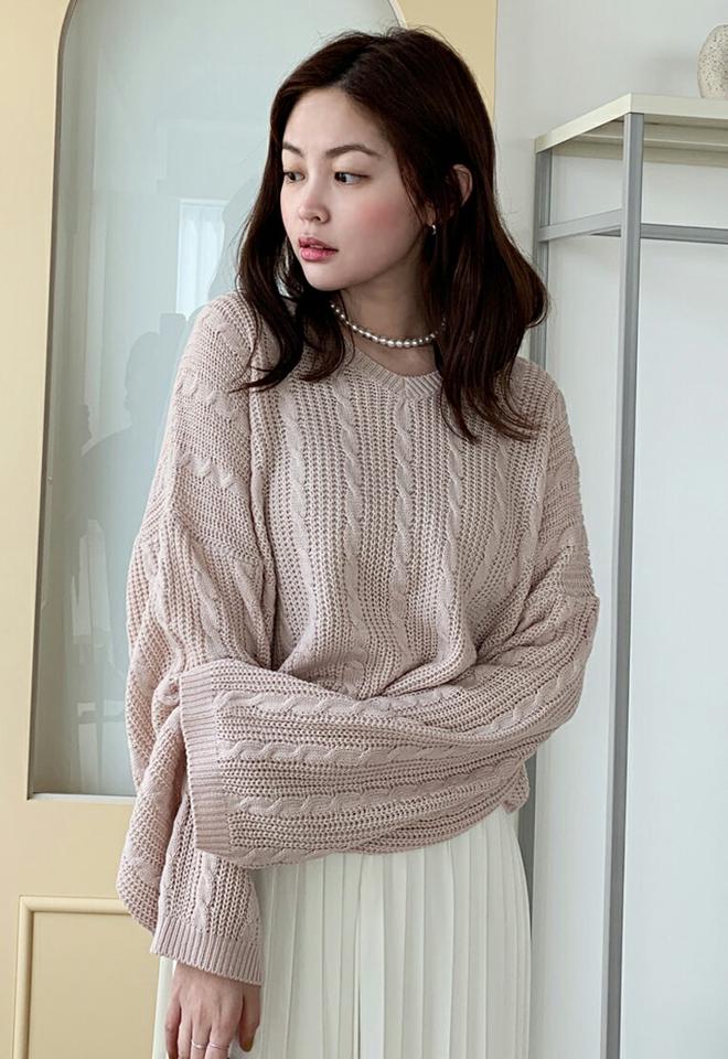 2WAYケーブルクロップドニット・全5色・t66218 レディース 【tops】韓国ファッション トップス ニット 大人 長袖 Vネック ラウンドネック ケーブル編み クロップ丈 ルーズ 無地 シンプル 体型カバー フェミニン カジュアル デイリー 秋 冬