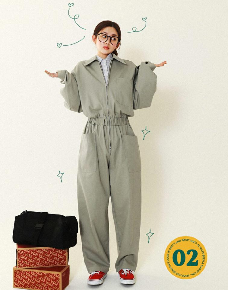 【送料無料】アウトポケットオールインワン・全3色・n71658 レディース 【pt】韓国ファッション ボトムス オールインワン カラーネック 長袖 アウトポケット タック ジップアップ 無地 シンプル カジュアル 秋 冬