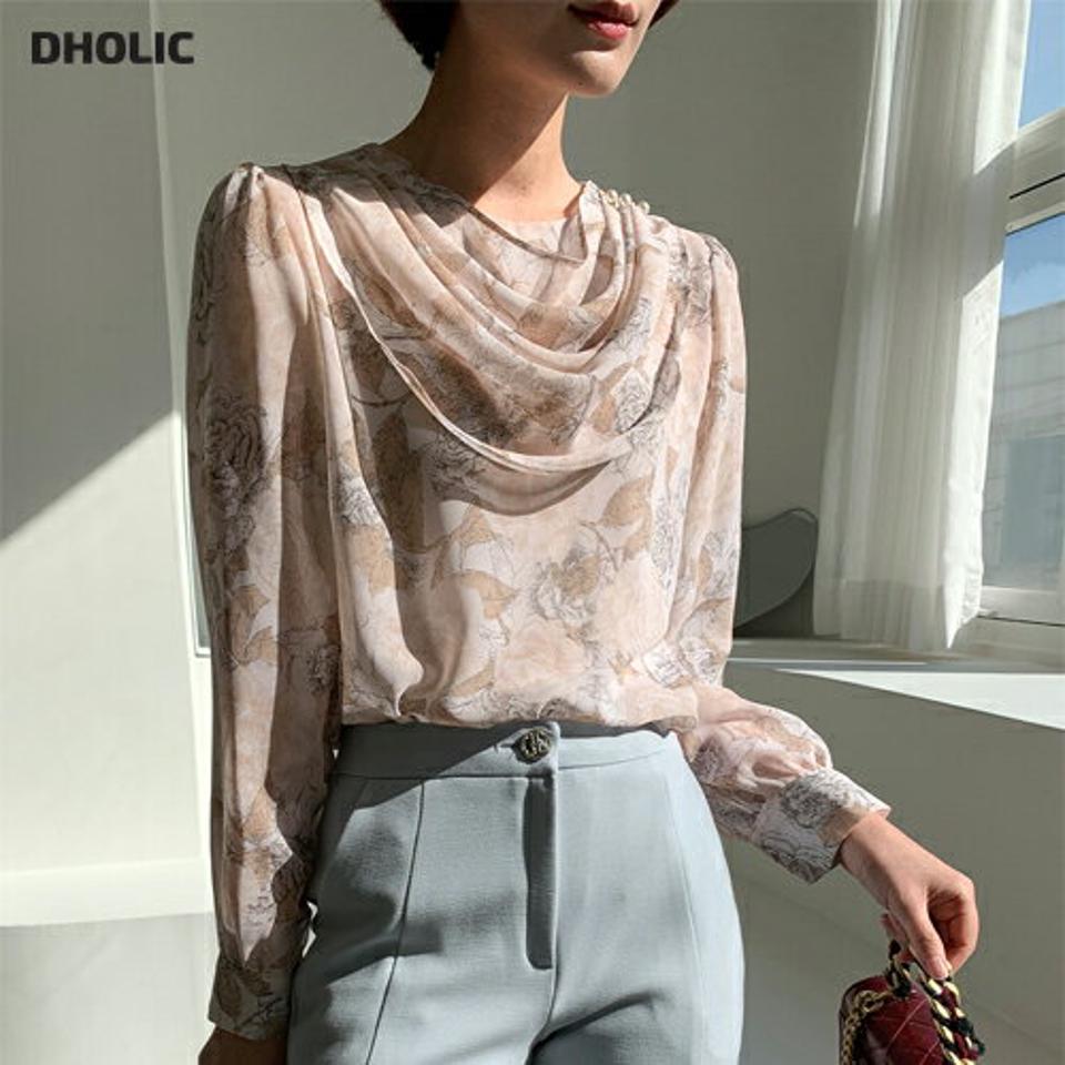 フェイクパールドレープ花柄ブラウス・全2色・b00128 レディース 【tops】トップス ブラウス 長袖　花柄 ドレープ 襟コン パールボタン モダン 大人 きれいめ 上品 フェミニン 春 秋 冬 韓国ファッション ハイホリHIHOLLI