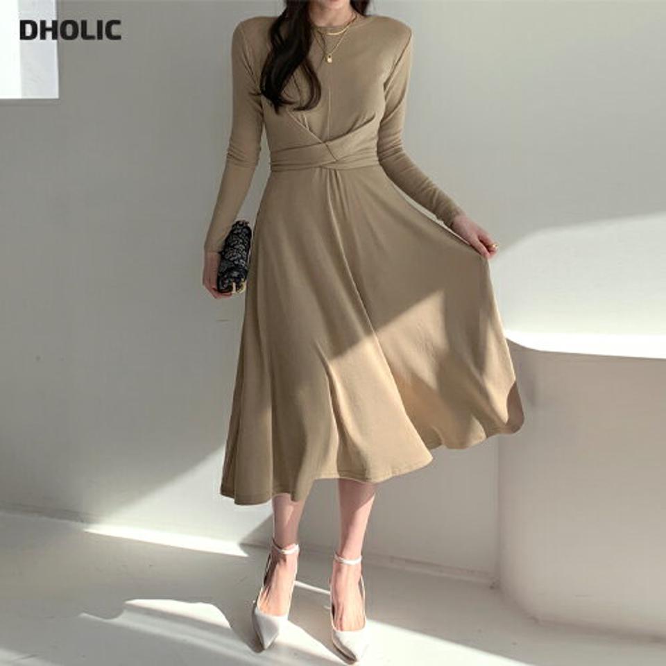 クロスリボンワンピース・全2色・b00133 レディース 【ops】ワンピース ロング丈 ロングワンピース 長袖 クロス りぼん 単色 無地 大人 フェミニン フレア 春 秋 冬 韓国ファッション ハイホリHIHOLLI