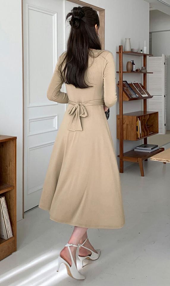 クロスリボンワンピース・全2色・b00133 レディース 【ops】ワンピース ロング丈 ロングワンピース 長袖 クロス りぼん 単色 無地 大人 フェミニン フレア 春 秋 冬 韓国ファッション ハイホリHIHOLLI