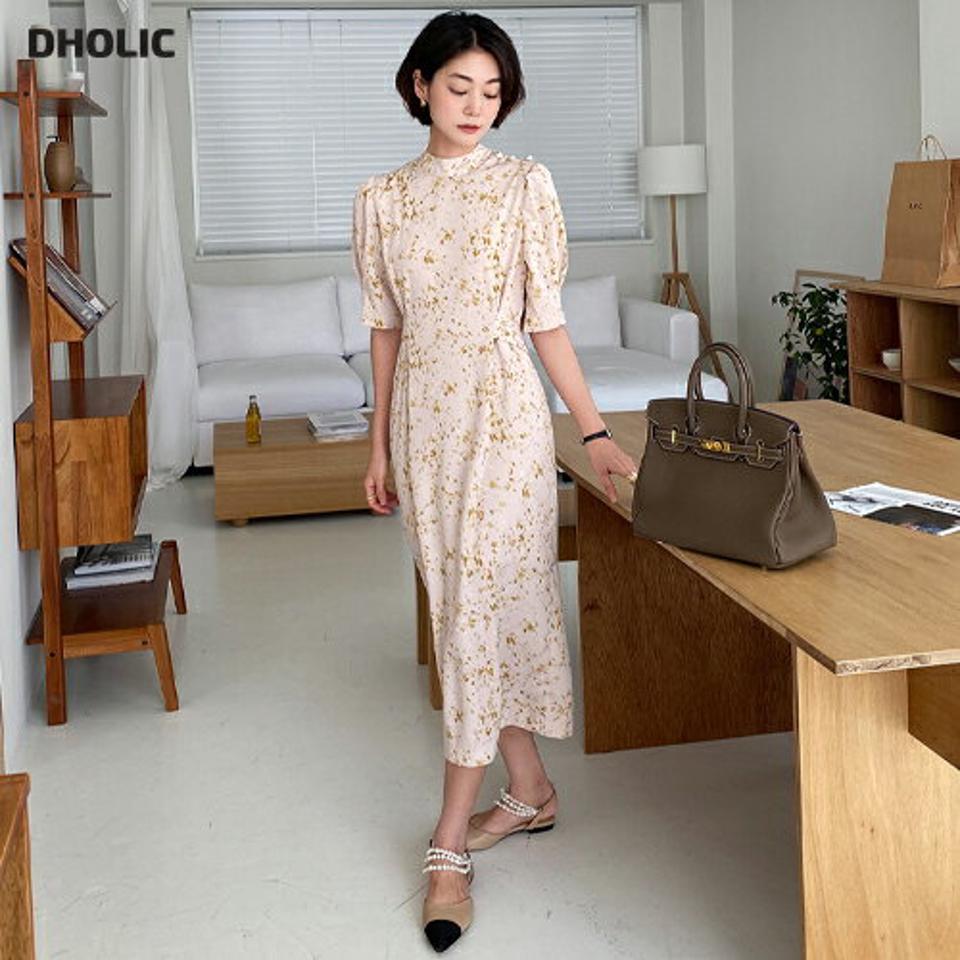 花柄フェイクパールワンピース・全2色・t00135 レディース 【ops】ワンピース ロング丈 ロングワンピース 半袖 ハーフスリーブ りぼん 花柄 大人 パールボタン きれいめ シック 結婚式 学校行事 春 秋 冬 韓国ファッション ハイホリHIHOLLI