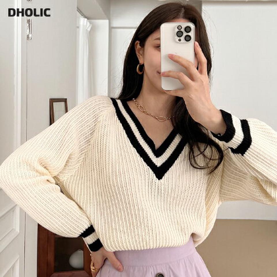 配色Vネックスリットニット・全5色・t00126 レディース 【tops】トップス ニット 長袖 Vネック スリット 大人 カジュアル ラフ ミドルゲージ アンバランス 秋 冬 韓国ファッション ハイホリHIHOLLI