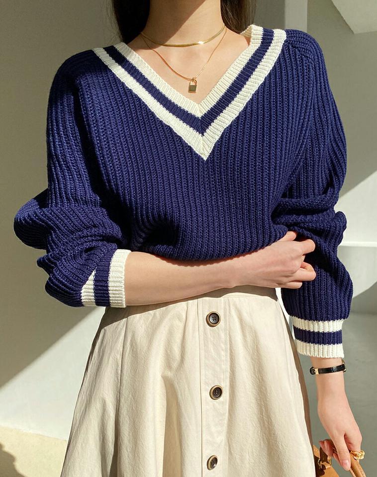 配色Vネックスリットニット・全5色・t00126 レディース 【tops】トップス ニット 長袖 Vネック スリット 大人 カジュアル ラフ ミドルゲージ アンバランス 秋 冬 韓国ファッション ハイホリHIHOLLI