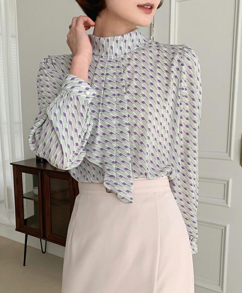 エスニックラッフルブラウス・全3色・b00127 レディース 【bl】トップス ブラウス 長袖 総柄 エスニック柄 ラッフル ボウタイ 襟コン 大人 シック パフスリーブ パフ袖 アンバランス 春 秋 韓国ファッション ハイホリHIHOLLI