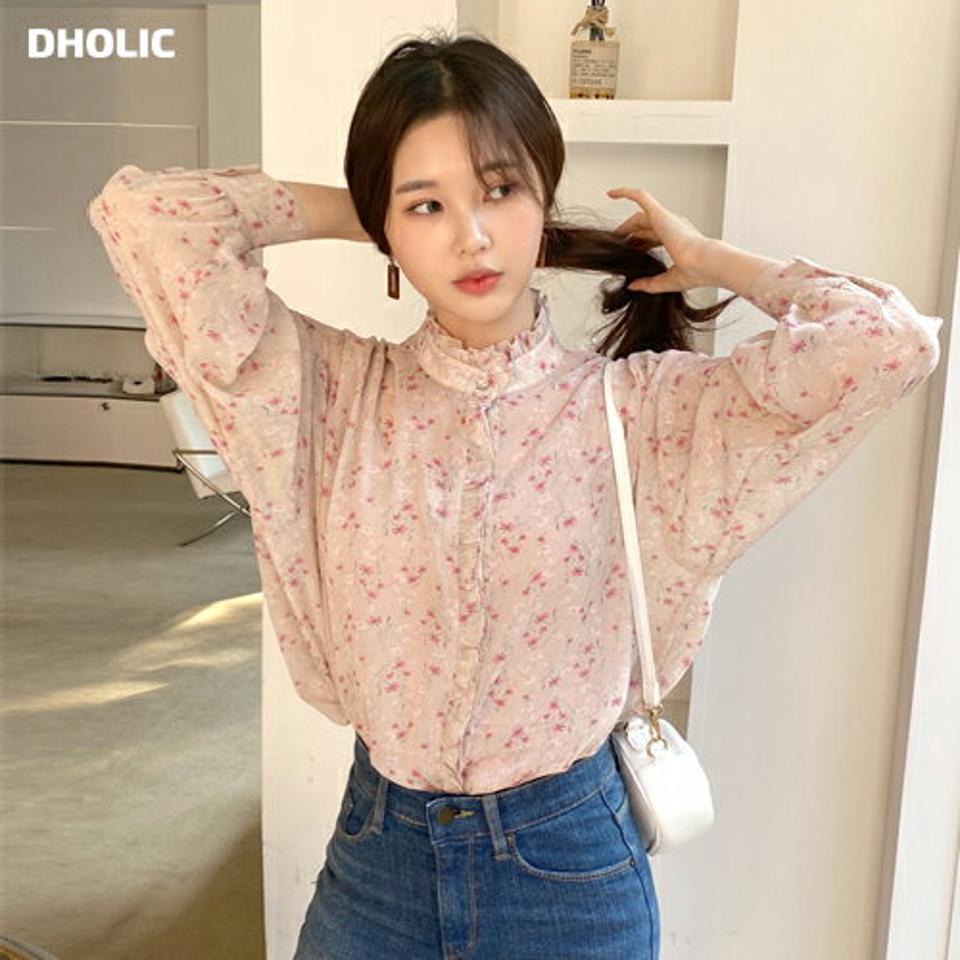 フローラルシアーフリルブラウス・全2色・t66546 レディース 【bl】韓国ファッション トップス ブラウス 長袖 ハーフネック 花柄 フラワー フローラル シースルー シアー フリル シンプル カジュアル フェミニン 体型カバー ガーリー 春 秋 冬