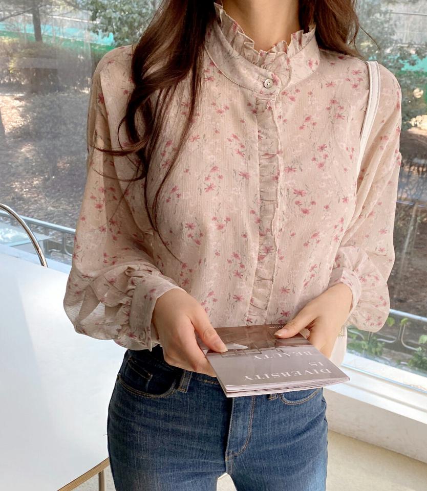 フローラルシアーフリルブラウス・全2色・t66546 レディース 【bl】韓国ファッション トップス ブラウス 長袖 ハーフネック 花柄 フラワー フローラル シースルー シアー フリル シンプル カジュアル フェミニン 体型カバー ガーリー 春 秋 冬