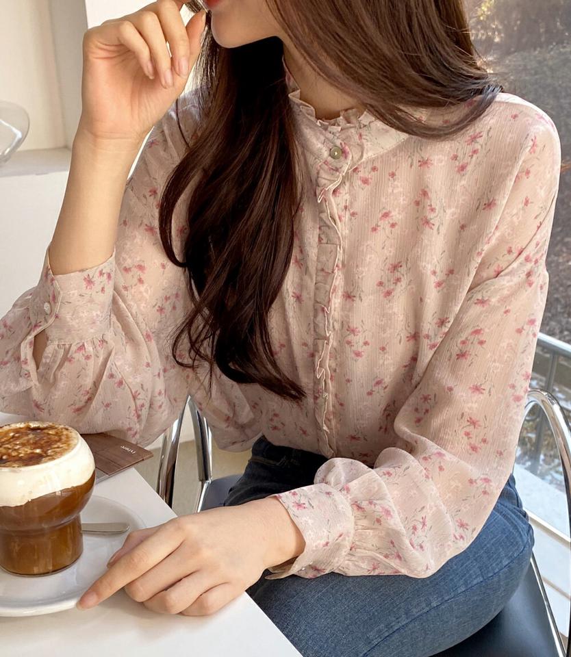 フローラルシアーフリルブラウス・全2色・t66546 レディース 【bl】韓国ファッション トップス ブラウス 長袖 ハーフネック 花柄 フラワー フローラル シースルー シアー フリル シンプル カジュアル フェミニン 体型カバー ガーリー 春 秋 冬