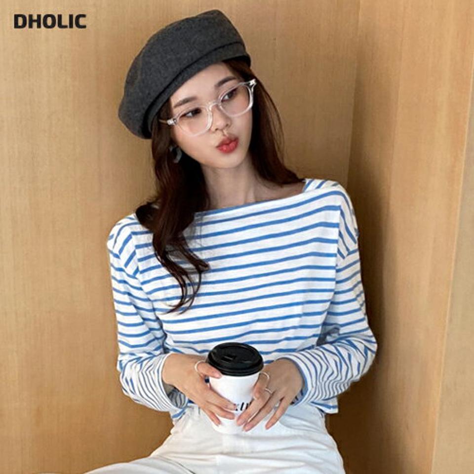 ボーダースクエアTシャツ・全3色・t66551 レディース 【tops】韓国ファッション トップス Tシャツ 大人 長袖 スクエアネック ボーダー ドロップショルダー 配色 シンプル ルーズ フェミニン カジュアル デイリー 春 秋 冬
