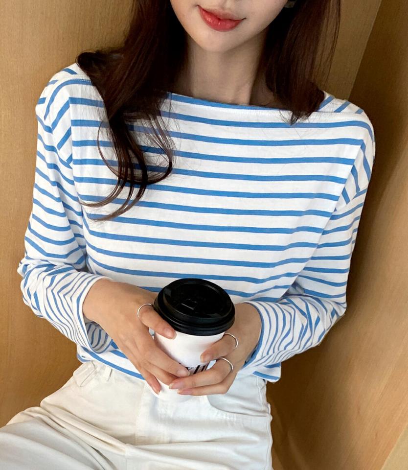 ボーダースクエアTシャツ・全3色・t66551 レディース 【tops】韓国ファッション トップス Tシャツ 大人 長袖 スクエアネック ボーダー ドロップショルダー 配色 シンプル ルーズ フェミニン カジュアル デイリー 春 秋 冬
