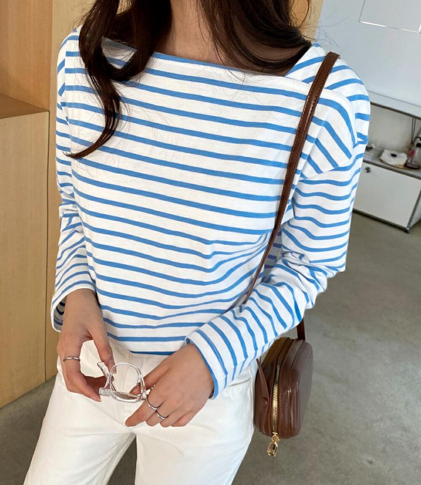 ボーダースクエアTシャツ・全3色・t66551 レディース 【tops】韓国ファッション トップス Tシャツ 大人 長袖 スクエアネック ボーダー ドロップショルダー 配色 シンプル ルーズ フェミニン カジュアル デイリー 春 秋 冬