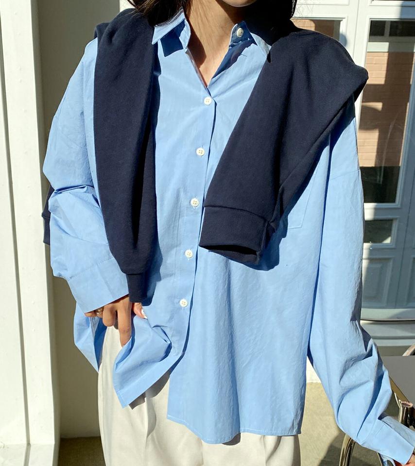 バックスリットカラーネックシャツ・全5色・t66582 レディース 【bl】韓国ファッション トップス シャツ 長袖 カラーネック スリット タック カフスボタン 無地 ベーシック シンプル カジュアル フェミニン ガーリー 春 秋 冬