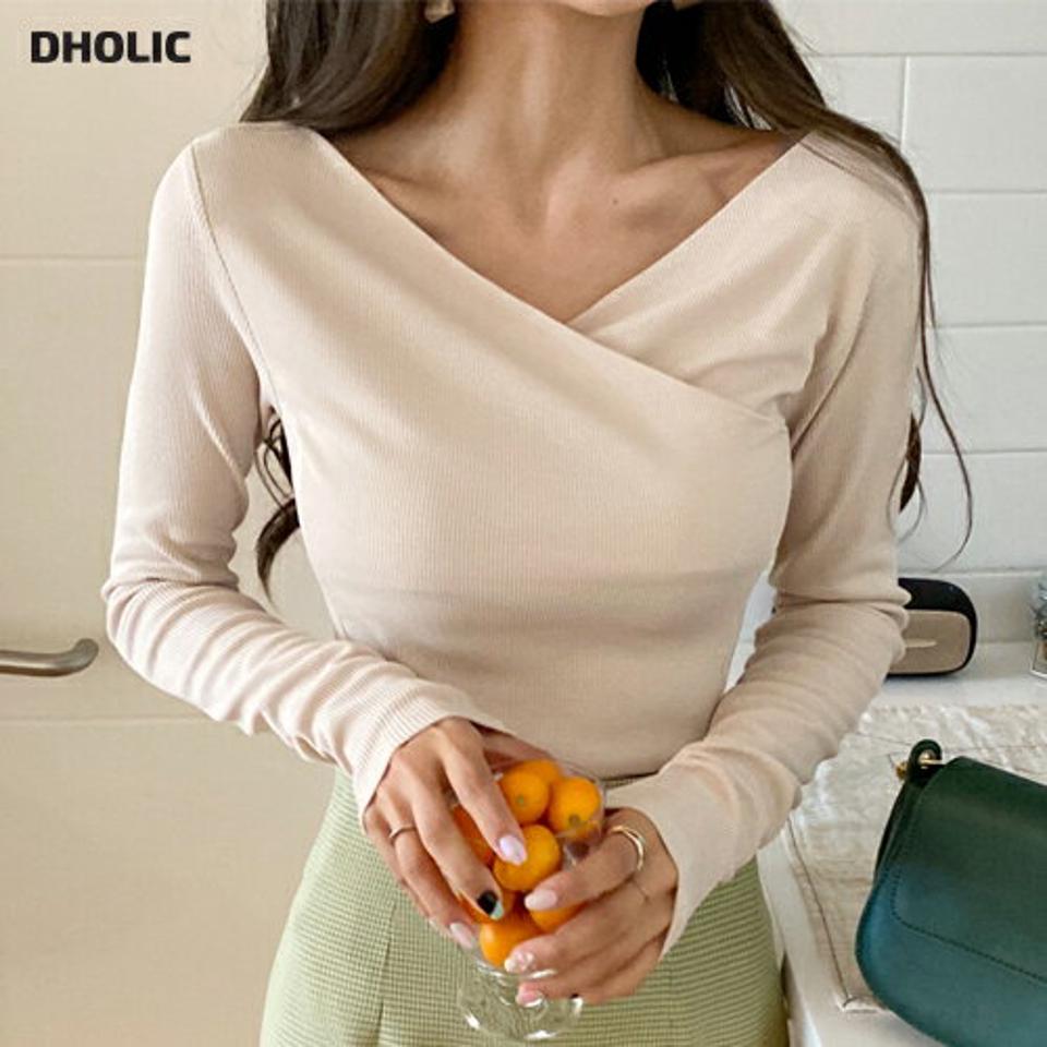 VネックリブスリムTシャツ・全3色・t66539 レディース 【tops】韓国ファッション トップス Tシャツ 大人 長袖 Vネック スリム 無地 シンプル カシュクール クロスリブ 体型カバー フェミニン カジュアル デイリー 春 秋 冬