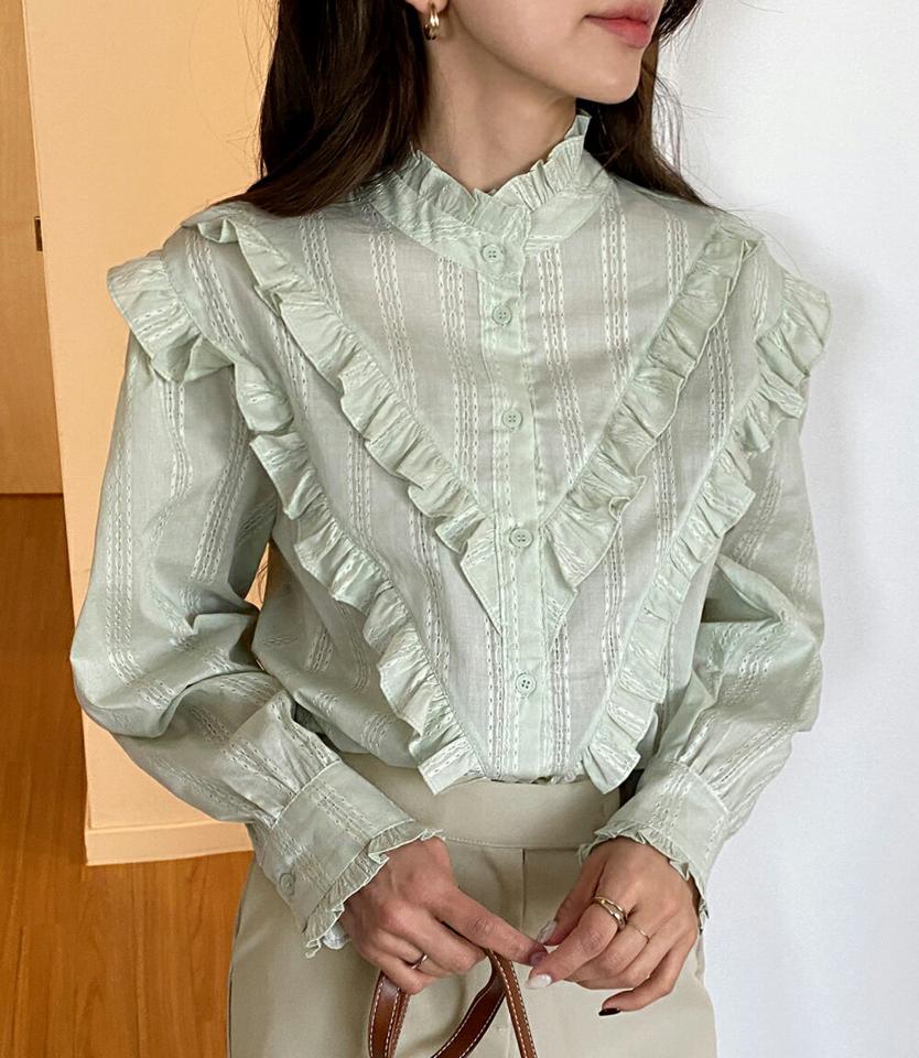 ダイヤパンチングフリルブラウス・全3色・t66545 レディース 【bl】韓国ファッション トップス ブラウス 長袖 ハーフネック 襟コンシャス ダイヤ パンチング フリル シンプル カジュアル フェミニン 体型カバー ガーリー 春 秋 冬