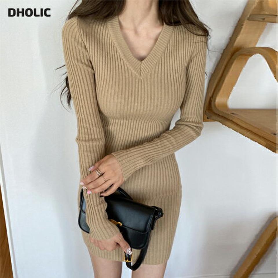 リブニットミニワンピース・全4色・t66554 レディース 【ops】韓国ファッション ワンピース ミニ ミニワンピース 長袖 Vネック ニットワンピース スリム ミニ丈 無地 シンプル フェミニン カジュアル 秋 冬