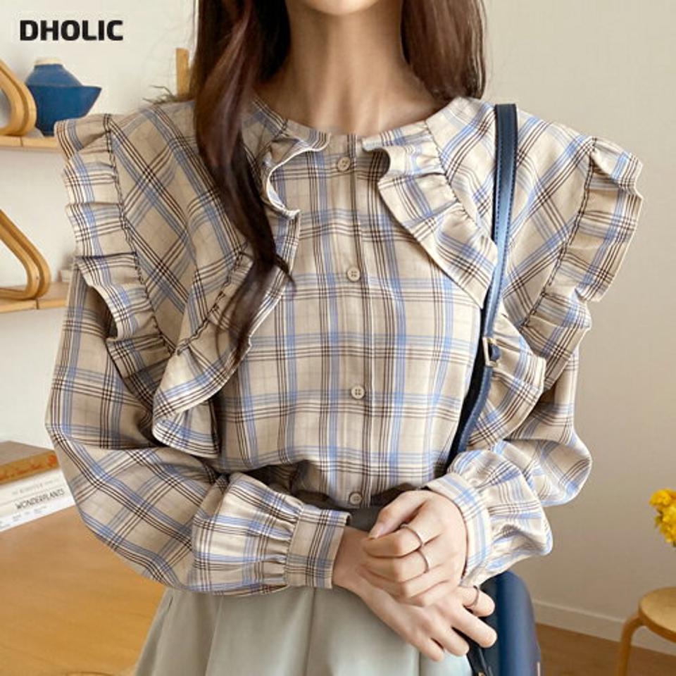 チェックビッグフリルカラーブラウス・全2色・b66548 レディース 【bl】韓国ファッション トップス ブラウス 長袖 カラーネック 襟コンシャス ビッグフリル チェック柄 シンプル カジュアル フェミニン 体型カバー ガーリー 春 秋 冬