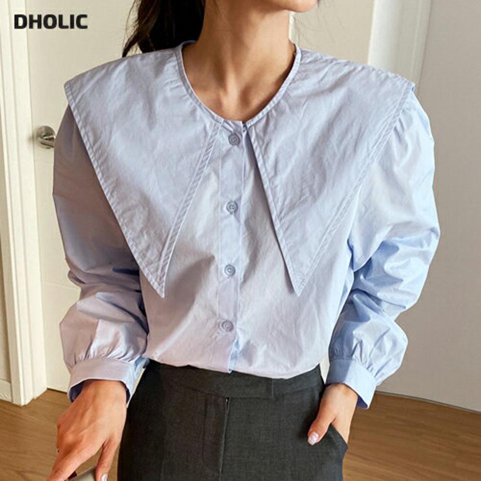 ビッグセーラーカラーブラウス・全3色・b66571 レディース 【bl】韓国ファッション トップス ブラウス 長袖 カラーネック 襟コンシャス ビッグセーラー ギャザー カフスボタン 無地 シンプル カジュアル フェミニン ガーリー 春 秋 冬