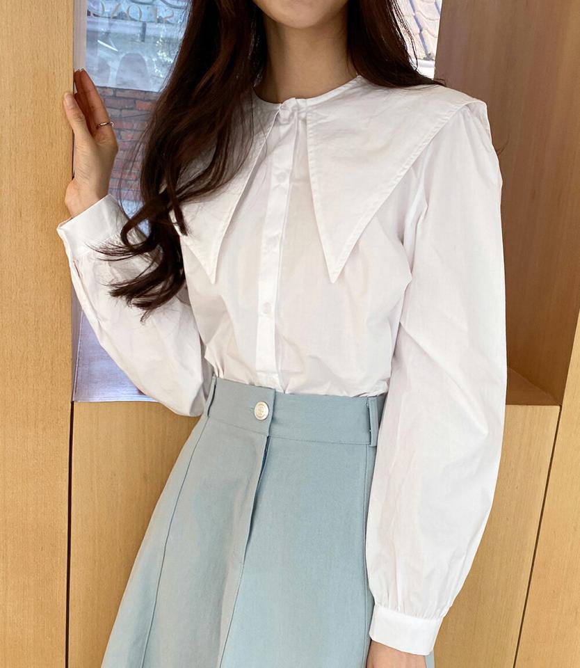 ビッグセーラーカラーブラウス・全3色・b66571 レディース 【bl】韓国ファッション トップス ブラウス 長袖 カラーネック 襟コンシャス ビッグセーラー ギャザー カフスボタン 無地 シンプル カジュアル フェミニン ガーリー 春 秋 冬