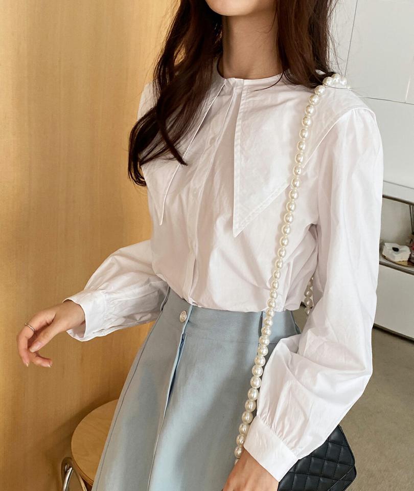 ビッグセーラーカラーブラウス・全3色・b66571 レディース 【bl】韓国ファッション トップス ブラウス 長袖 カラーネック 襟コンシャス ビッグセーラー ギャザー カフスボタン 無地 シンプル カジュアル フェミニン ガーリー 春 秋 冬