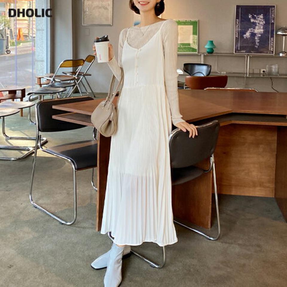 ノースリプリーツワンピース・全2色・t00234 レディース 【ops】韓国ファッション ワンピース ロングワンピース ノースリーブ Vネック キャミタイプ プリーツ ロング丈 無地 シンプル 体型カバー フェミニン カジュアル 秋 冬