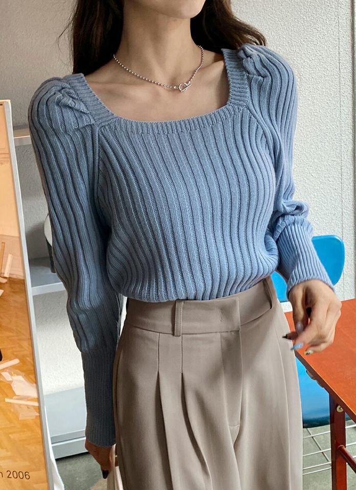 パフスクエアリブニット・全6色・t00268 レディース 【tops】韓国ファッション トップス ニット 大人 長袖 スクエアネック パフスリーブ カラーニット 無地 シンプル フェミニン カジュアル デイリー 秋 冬