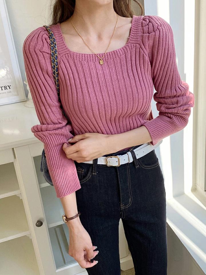 パフスクエアリブニット・全6色・t00268 レディース 【tops】韓国ファッション トップス ニット 大人 長袖 スクエアネック パフスリーブ カラーニット 無地 シンプル フェミニン カジュアル デイリー 秋 冬