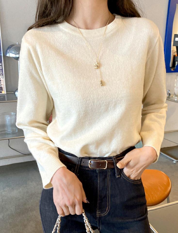 メランジラウンドニット・全5色・t00265 レディース 【tops】韓国ファッション トップス ニット 大人 長袖 ラウンドネック メランジ 異素材 無地 シンプル 体型カバー フェミニン カジュアル デイリー 秋 冬