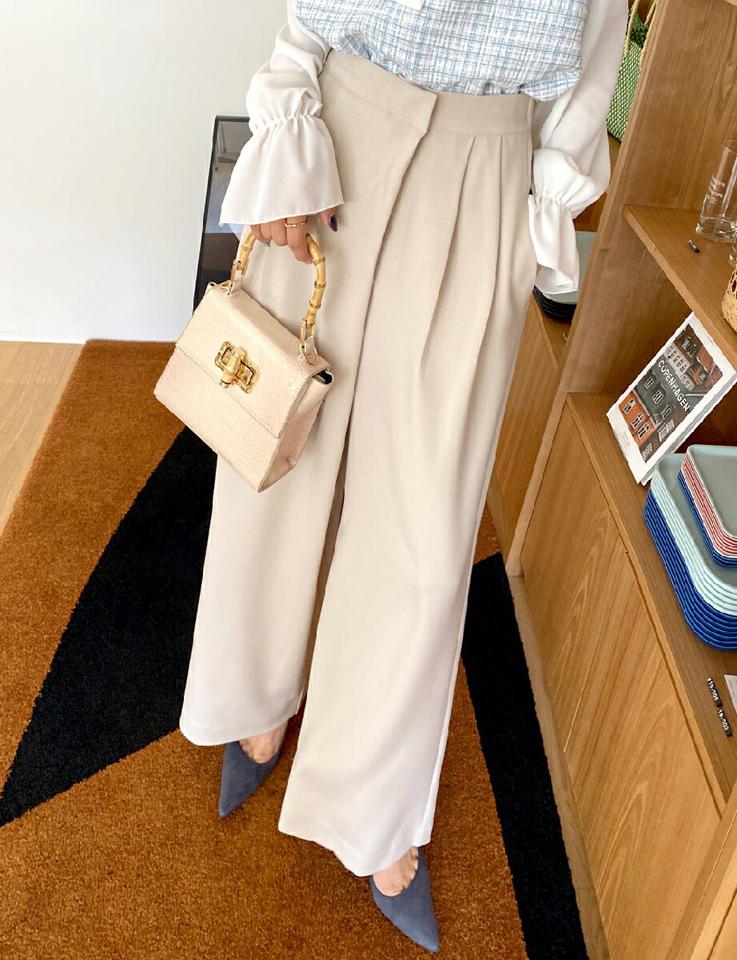 タックワイドスラックス・全2色・t00199 レディース 【pt】韓国ファッション ボトムス ロング ロングパンツ スラックスパンツ スラックス ツータック ワイド 無地 シンプル フェミニン カジュアル 秋 冬